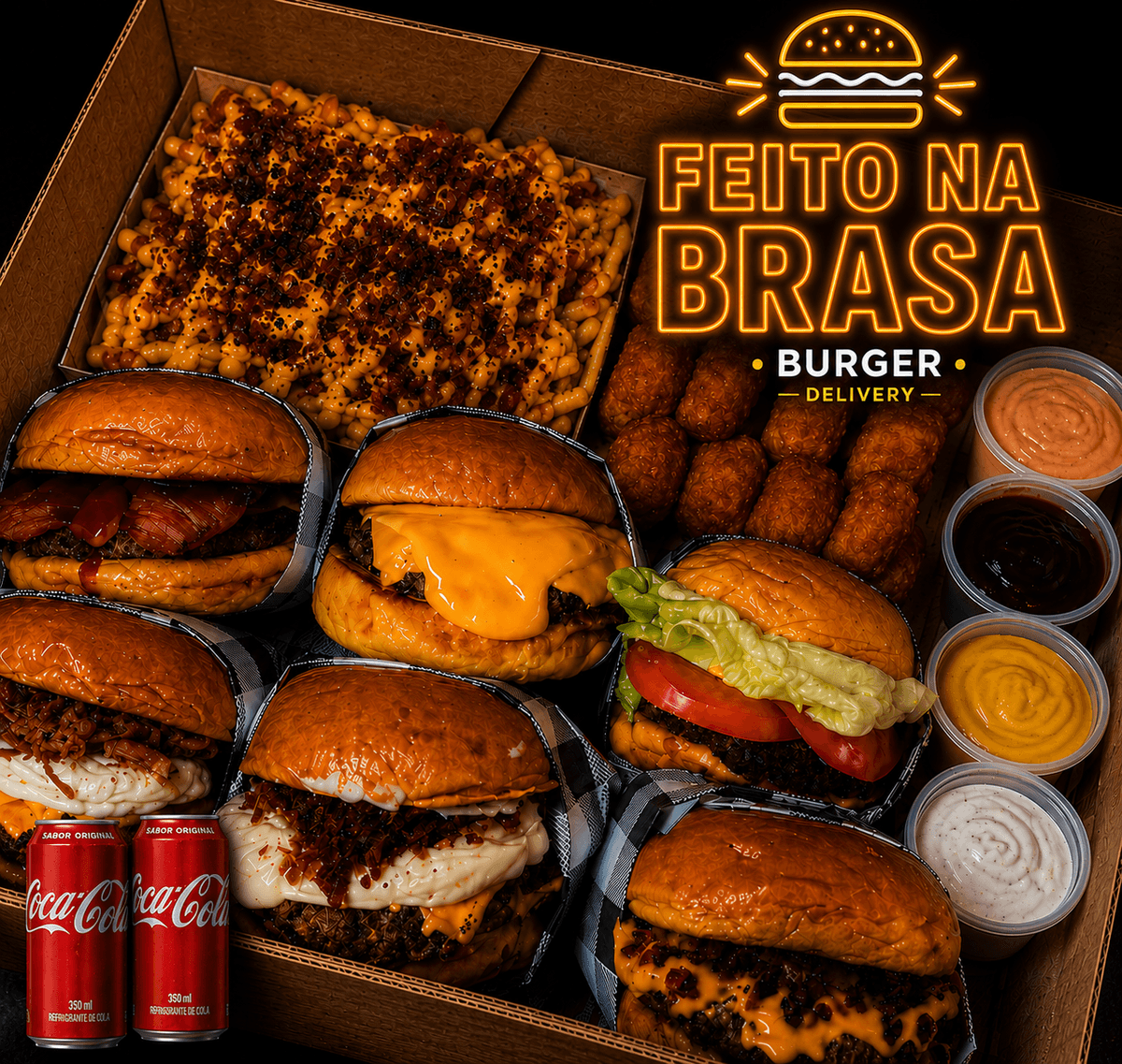 RODÍZIO EM CASA - 6x Hambúrgueres + 500g de Fritas + 500g Nuggets + 2X Refrigerante + 4 Molhos Especiais